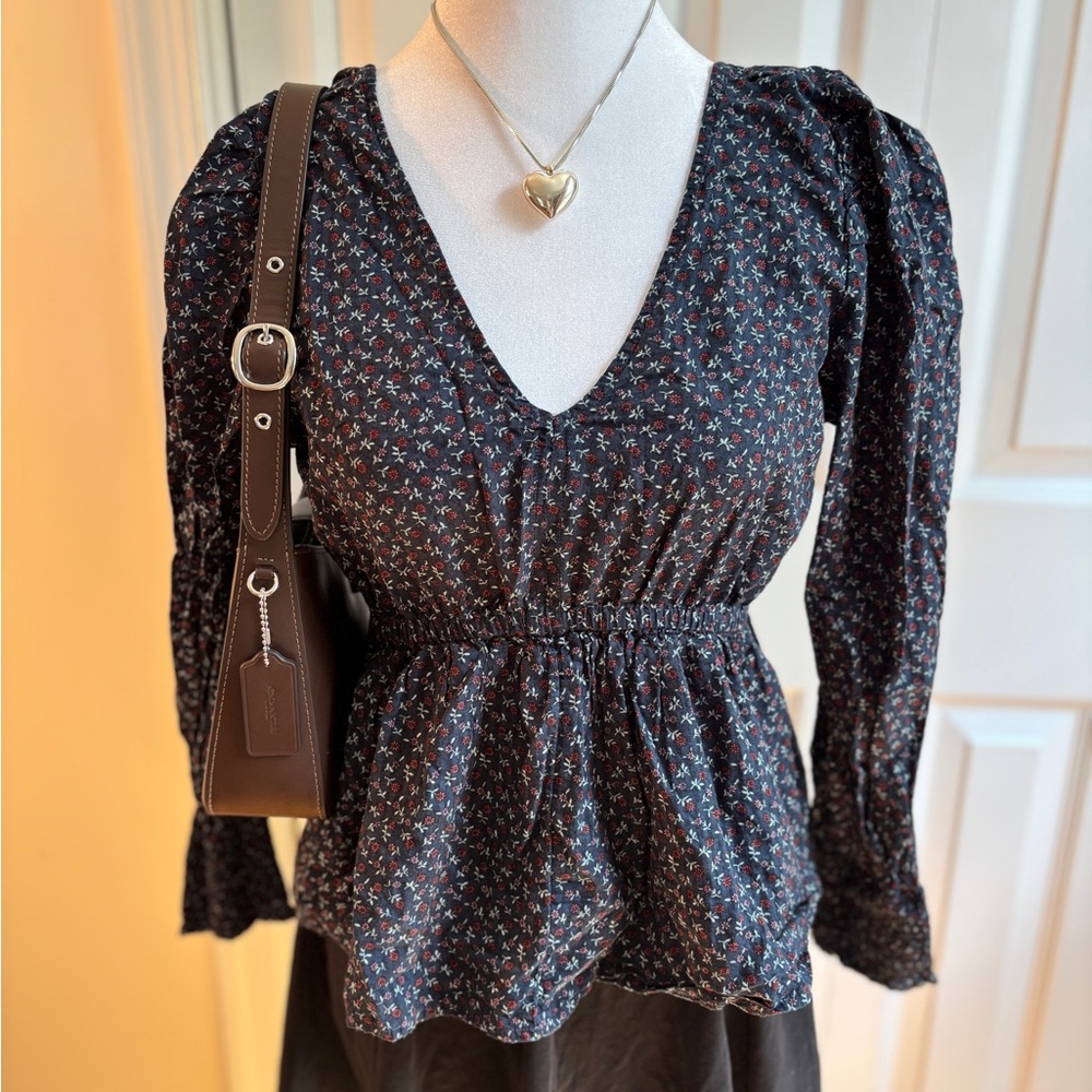 Madewell Navy Floral V-Neck Blouse